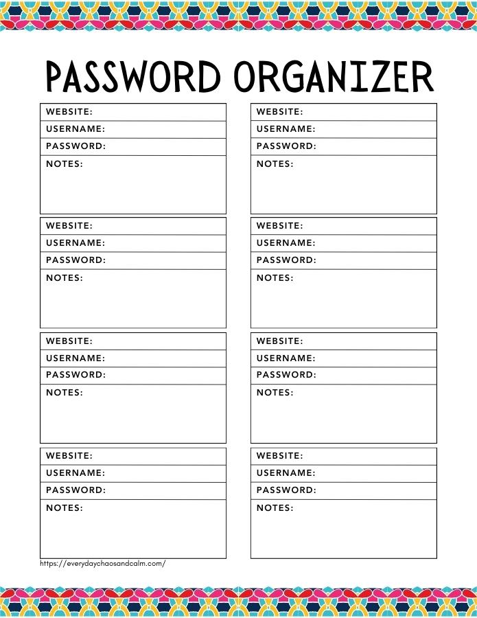 printable password log and tracker, PDF, instant download.
