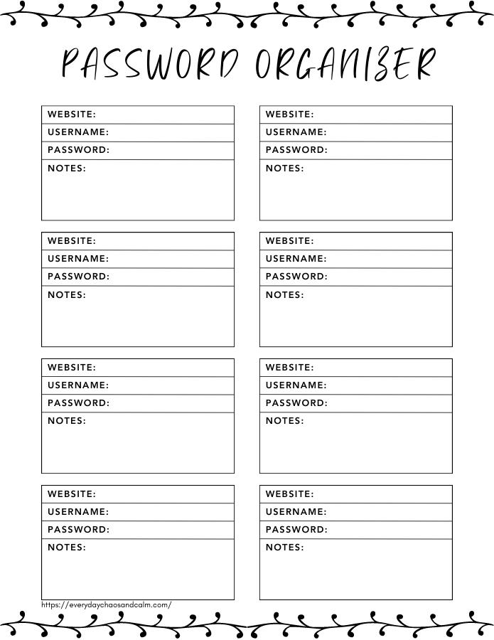 printable password log and tracker, PDF, instant download.