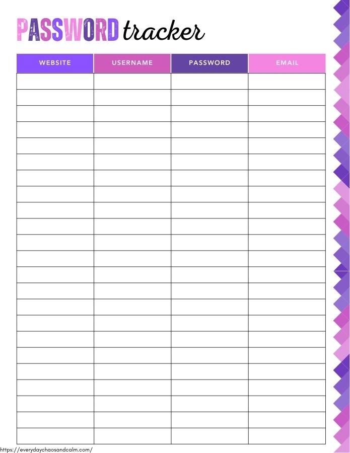 printable password log and tracker, PDF, instant download