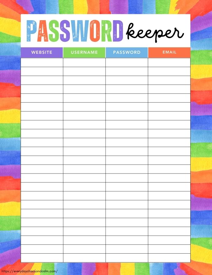 printable password log and tracker, PDF, instant download