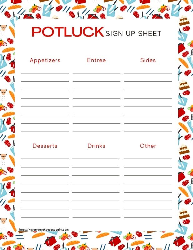Printable Potluck Sign Up Sheet with Categories Free printable potluck sign up sheets, pdf, holidays, print, download.