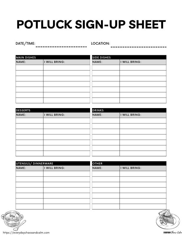 Black and White Potluck Sign Up Sheet Free printable potluck sign up sheets, pdf, holidays, print, download.