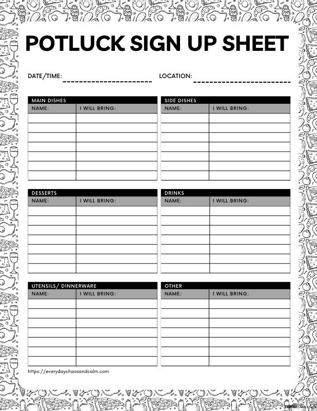 Printable Potluck Sign-Up Sheet with Categories Free printable potluck sign up sheets, pdf, holidays, print, download.