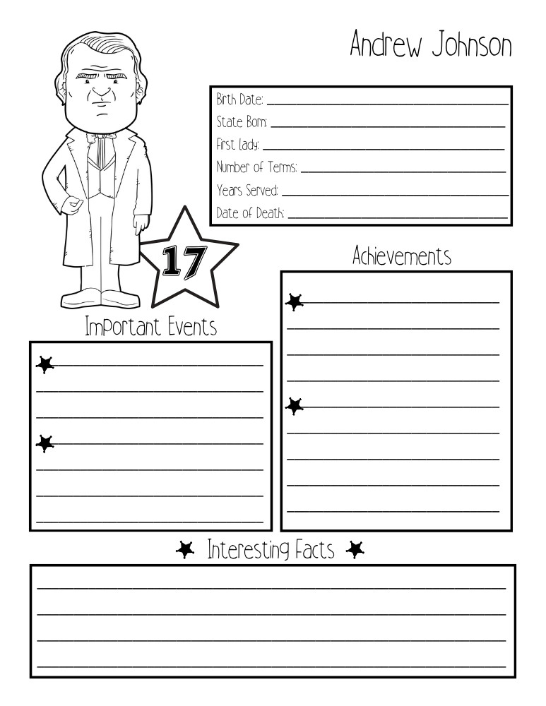 printable president biography worksheet Andrew Johnson, elementary education printable, PDF, instant download