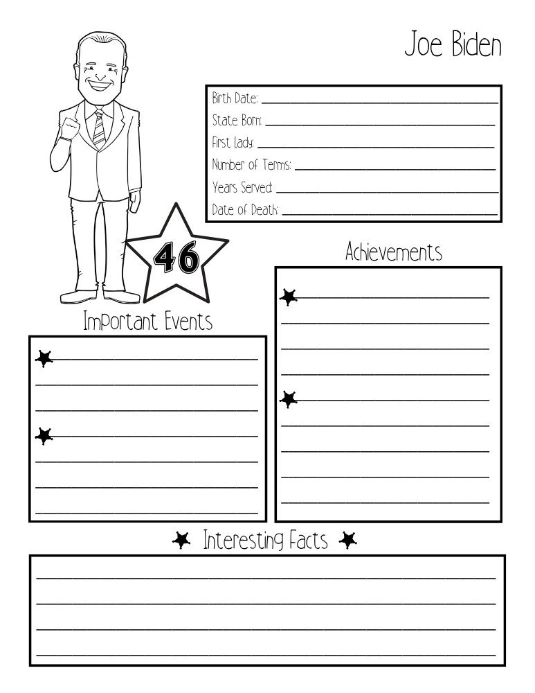 printable president biography worksheet Joe Biden, elementary education printable, PDF, instant download