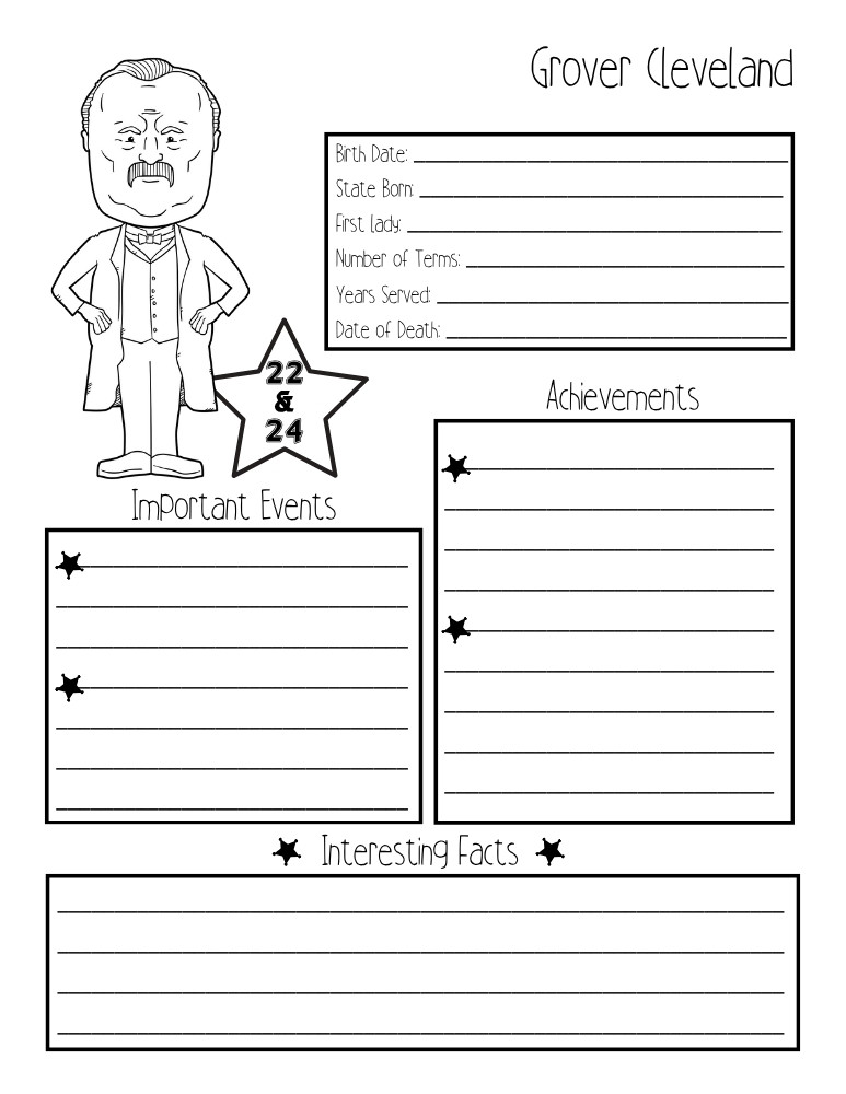 printable president biography worksheet Grover Cleveland, elementary education printable, PDF, instant download