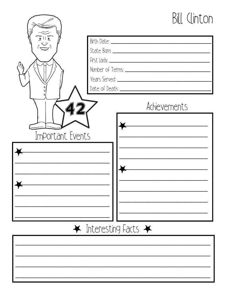 printable president biography worksheet Bill Clinton, elementary education printable, PDF, instant download