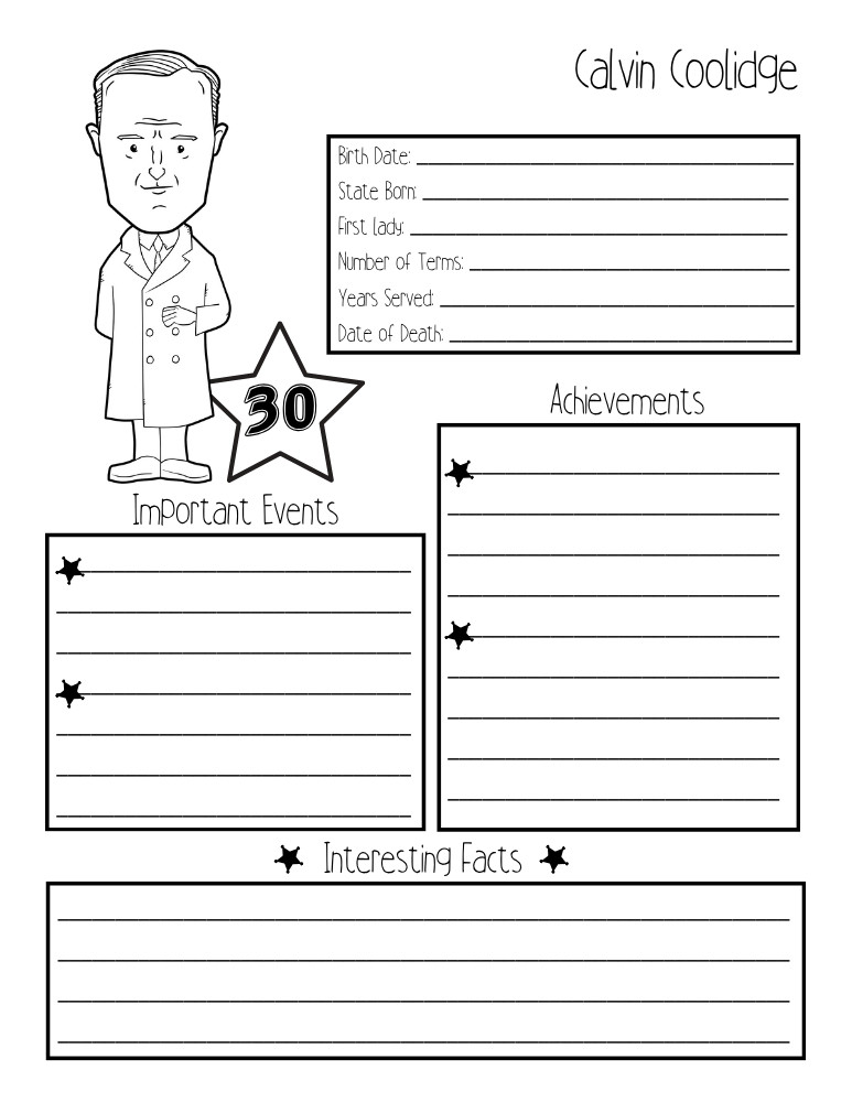 printable president biography worksheet Calvin Coolidge, elementary education printable, PDF, instant download