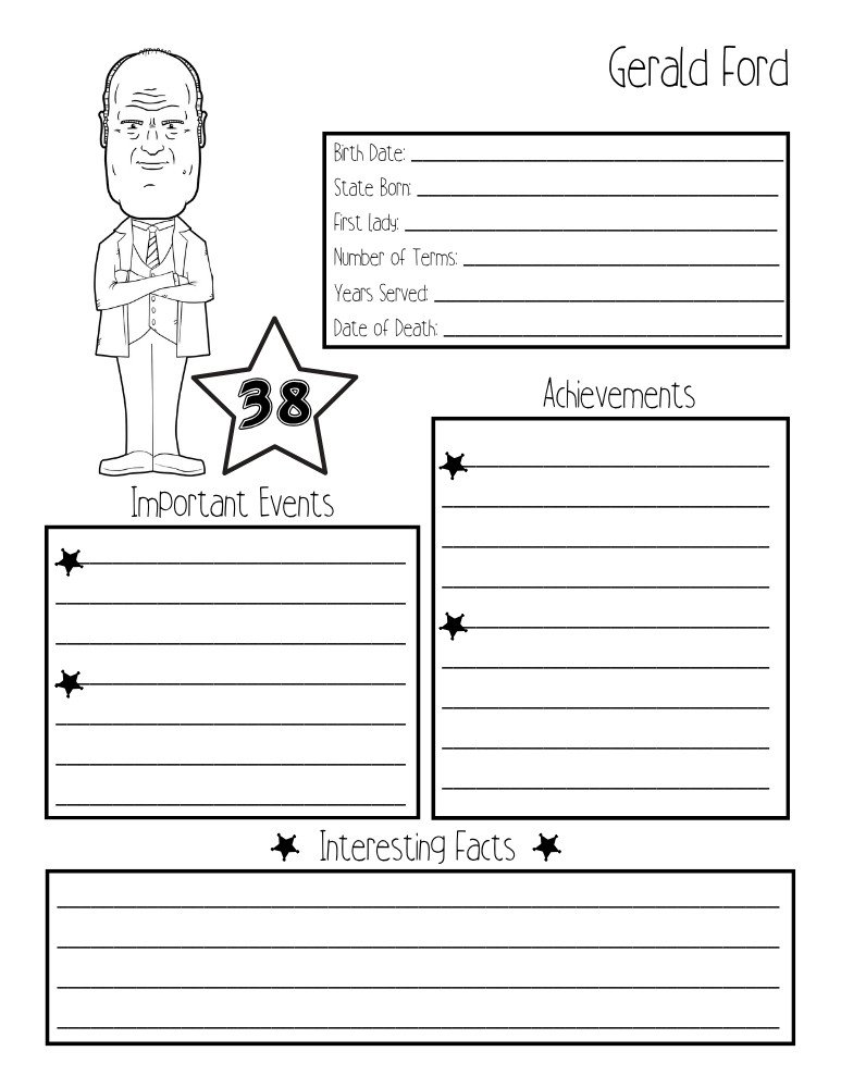 printable president biography worksheet Gerald Ford, elementary education printable, PDF, instant download