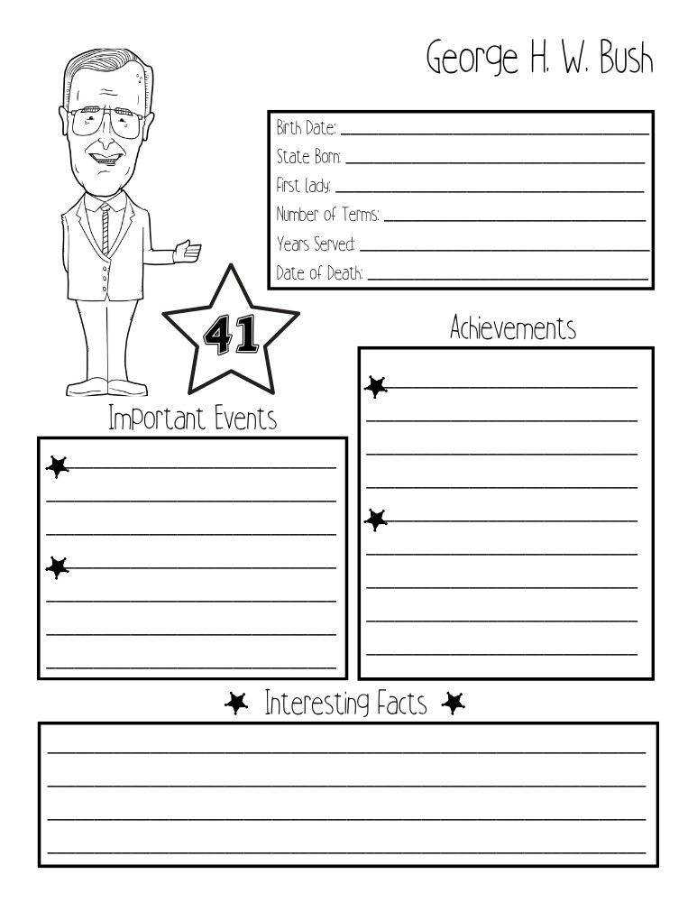 printable president biography worksheet George H. W. Bush, elementary education printable, PDF, instant download