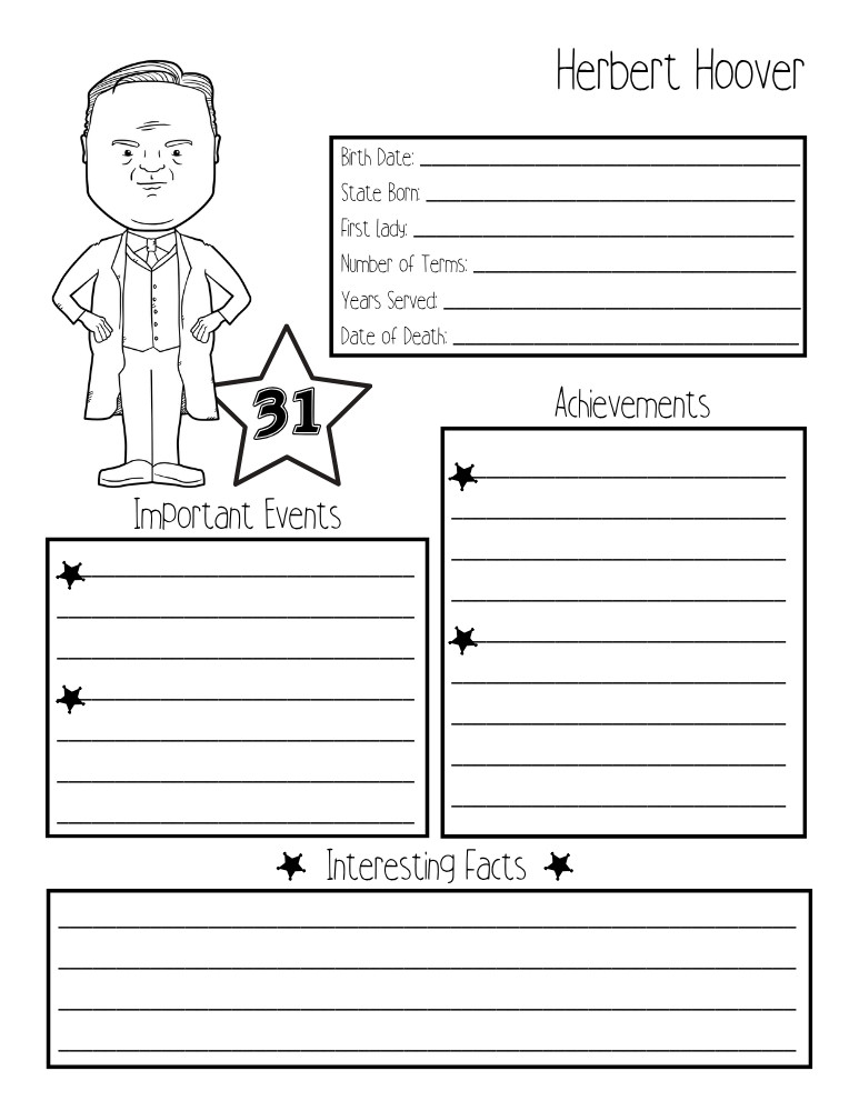 printable president biography worksheet Herbert Hoover, elementary education printable, PDF, instant download