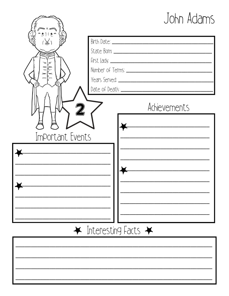 printable president biography worksheet John Adams, elementary education printable, PDF, instant download