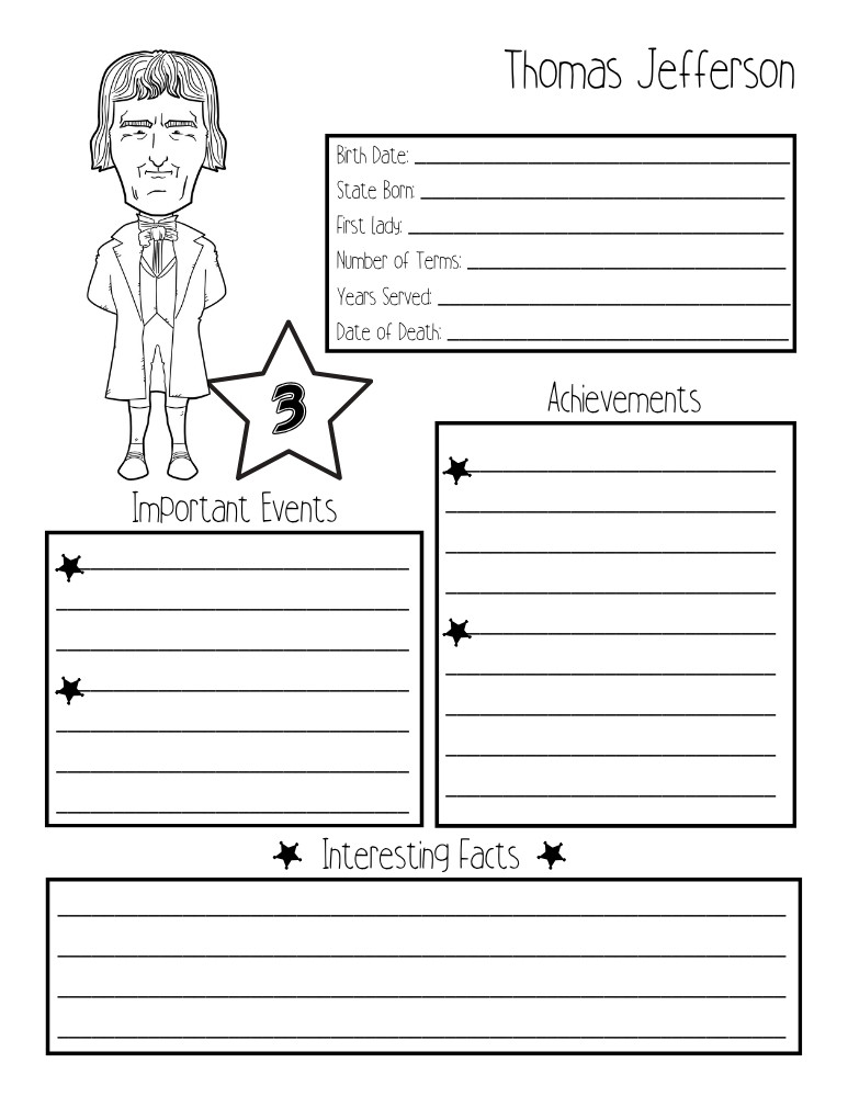 printable president biography worksheet Thomas Jefferson, elementary education printable, PDF, instant download