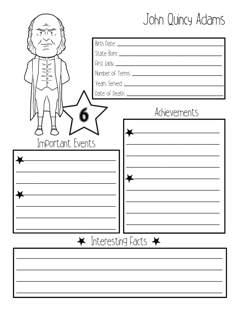 printable president biography worksheet John Quincy Adams, elementary education printable, PDF, instant download