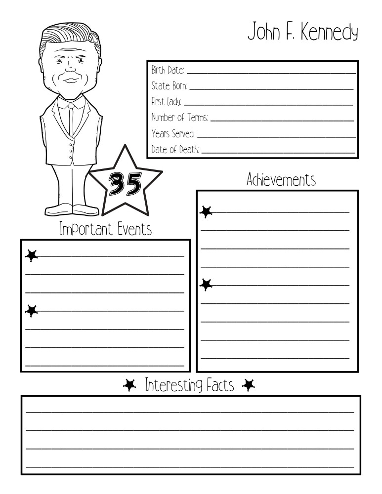 printable president biography worksheet John F. Kennedy, elementary education printable, PDF, instant download