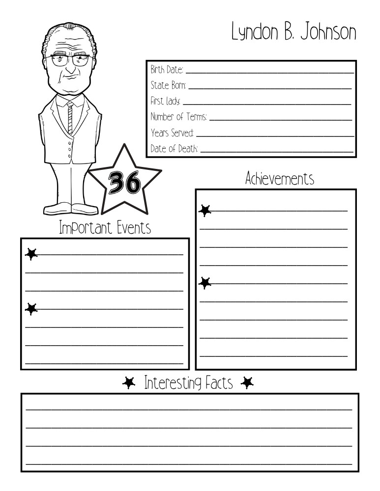 printable president biography worksheet Lyndon B. Johnson, elementary education printable, PDF, instant download