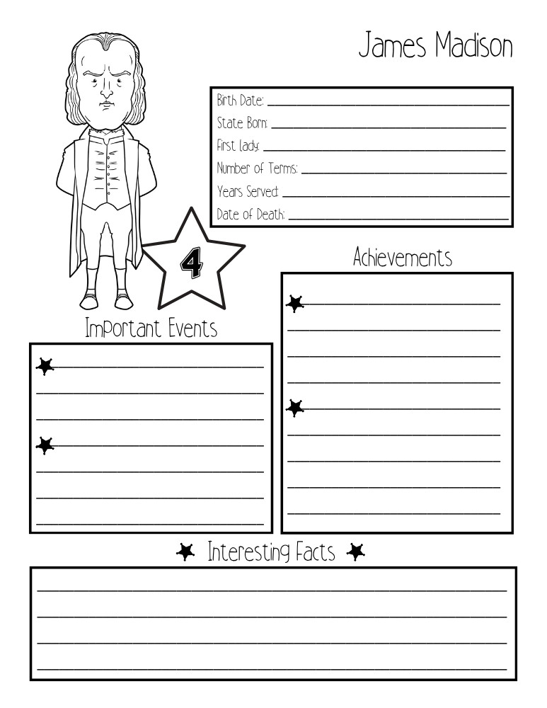 printable president biography worksheet James Madison, elementary education printable, PDF, instant download