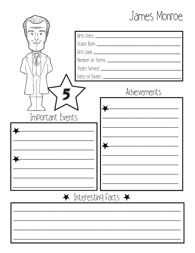 printable president biography worksheet James Monroe, elementary education printable, PDF, instant download
