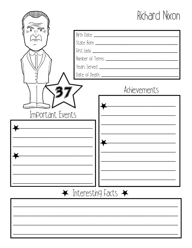 printable president biography worksheet Richard Nixon, elementary education printable, PDF, instant download