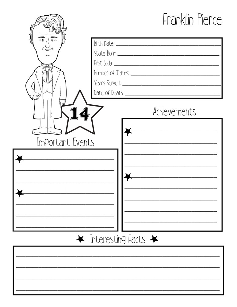 printable president biography worksheet Franklin Pierce, elementary education printable, PDF, instant download