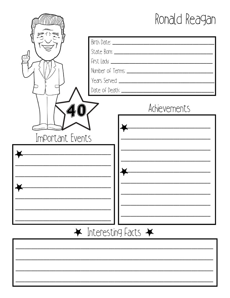 printable president biography worksheet Ronald Reagan, elementary education printable, PDF, instant download