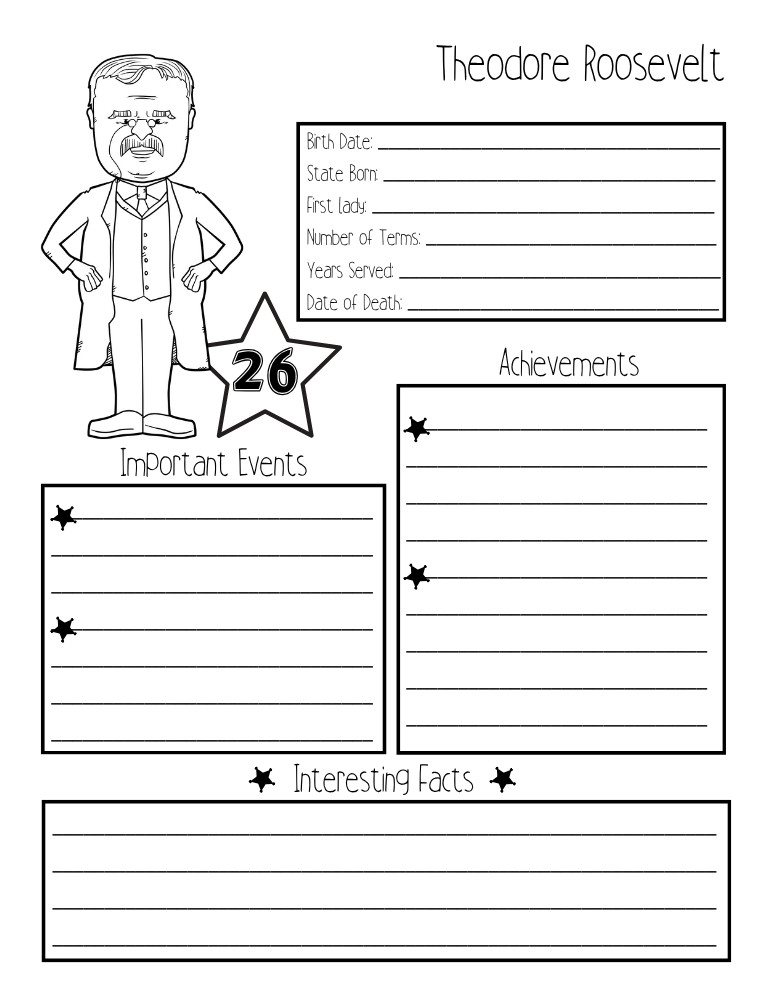 printable president biography worksheet Theodore Roosevelt, elementary education printable, PDF, instant download