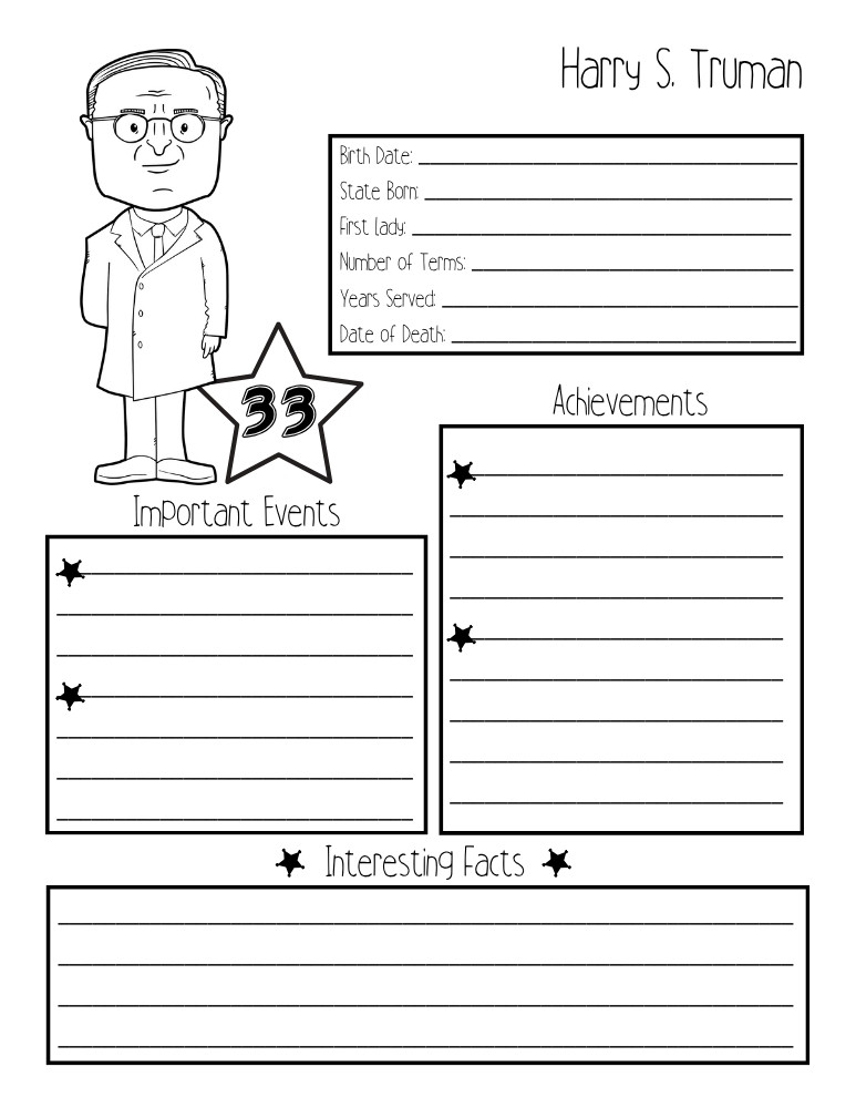 printable president biography worksheet Harry S. Truman, elementary education printable, PDF, instant download