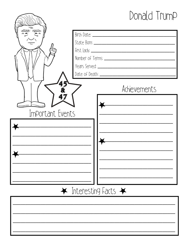 printable president biography worksheet Donald Trump, elementary education printable, PDF, instant download