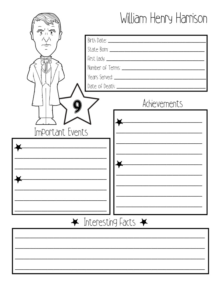 printable president biography worksheet William Henry Harrison, elementary education printable, PDF, instant download
