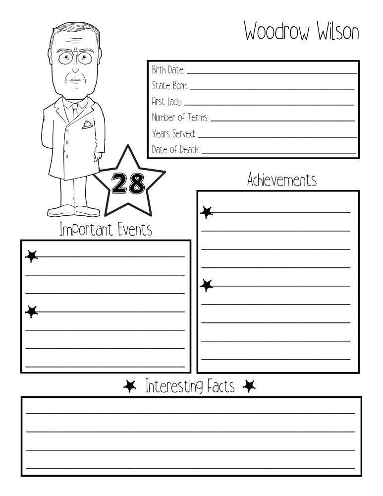 printable president biography worksheet Woodrow Wilson, elementary education printable, PDF, instant download