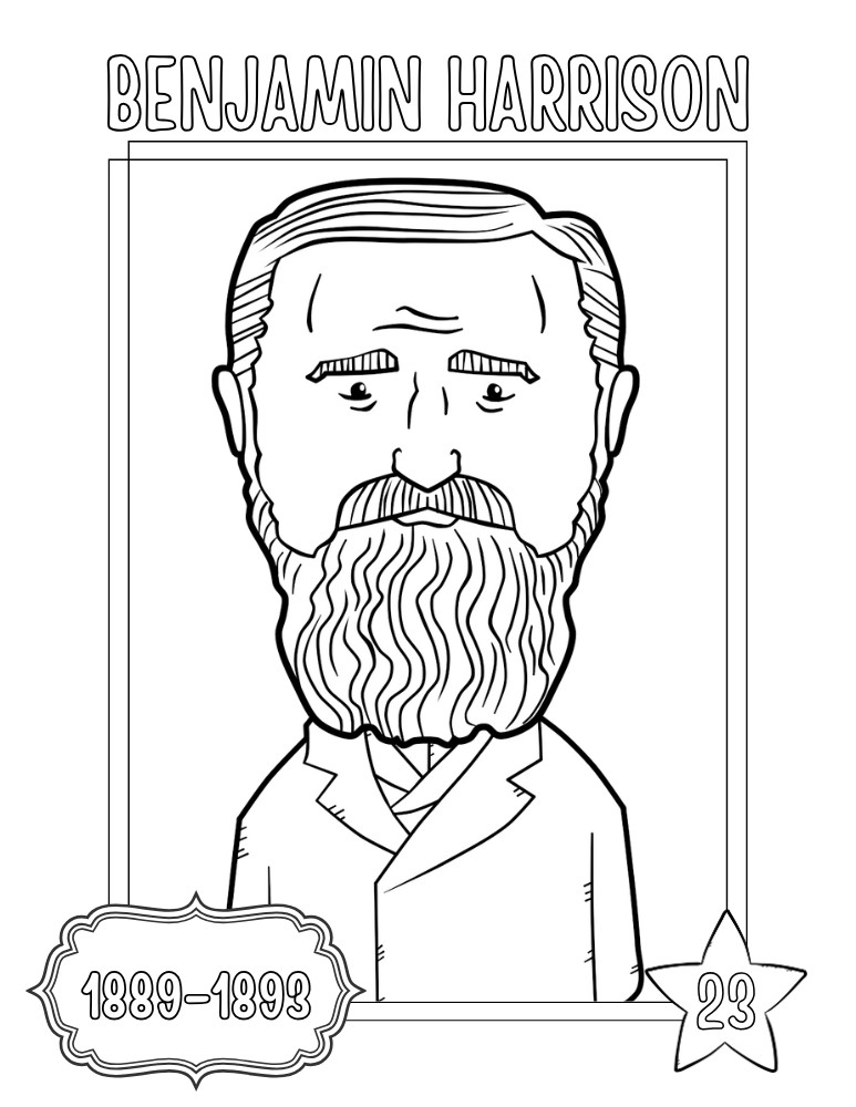 printable president coloring pages Benjamin Harrison, elementary education printable, PDF, instant download
