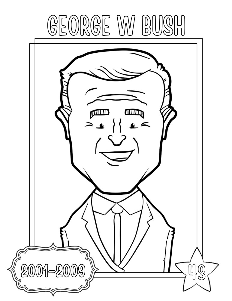 printable president coloring pages George W. Bush, elementary education printable, PDF, instant download