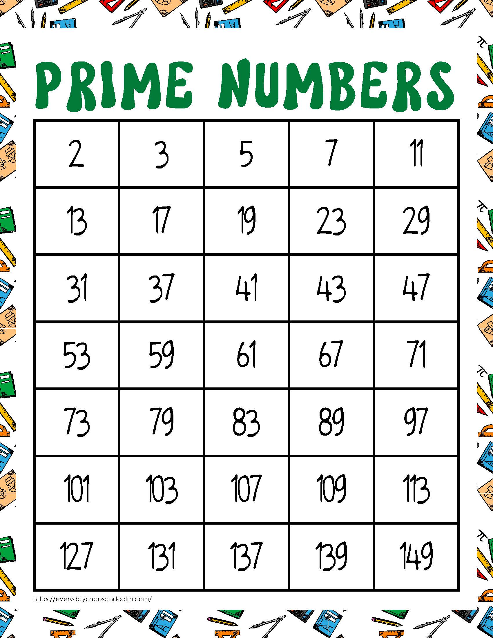 printable prime number charts, PDF, instant download, elementary, educational tool