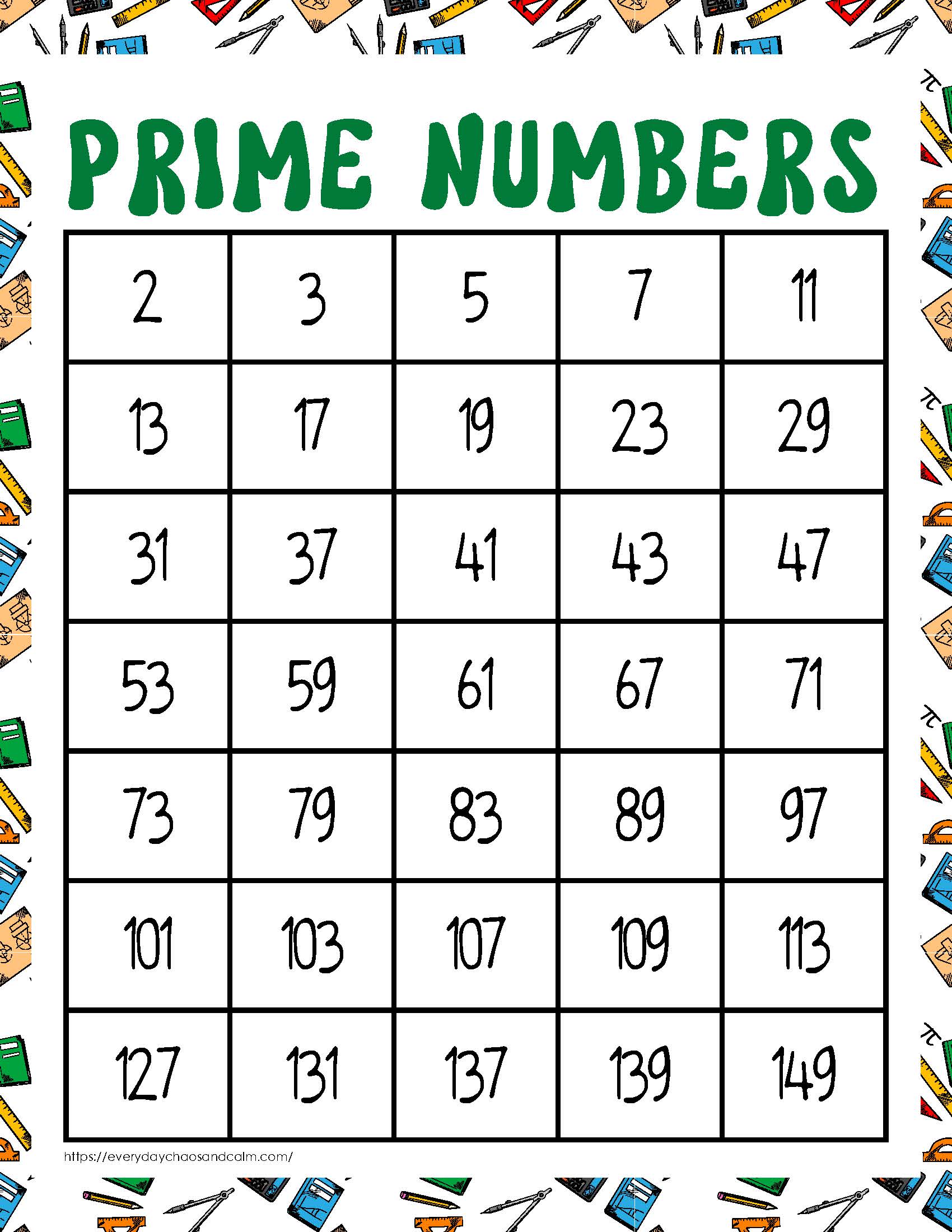 Free Printable Prime Number Charts