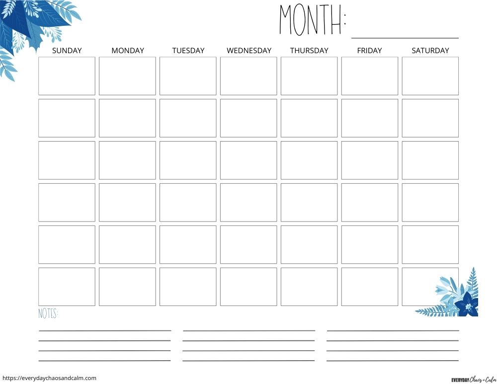 blank monthly calendar printable, PDF, instant download
