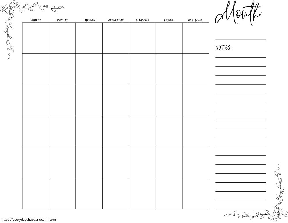 blank monthly calendar printable, PDF, instant download