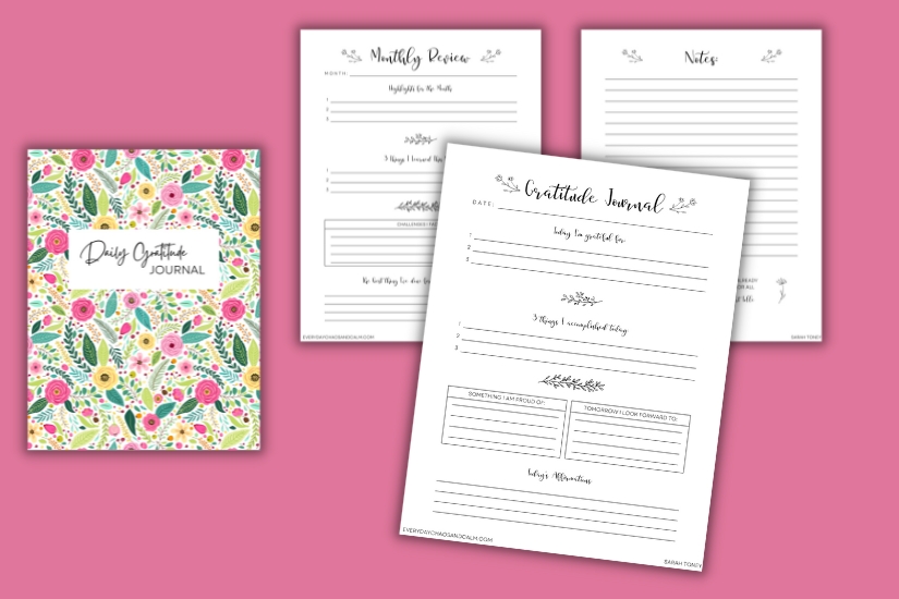 printable gratitude example pages and cover with pink and green flowers