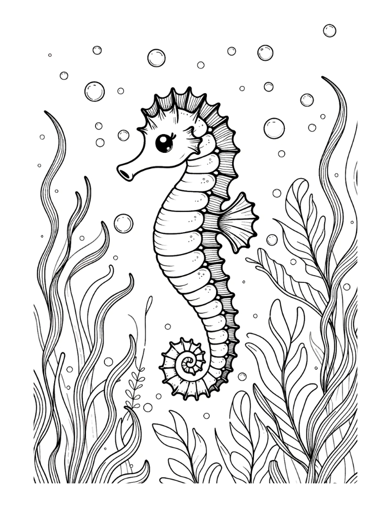 seahorse coloring page, PDF, instant download, kids
