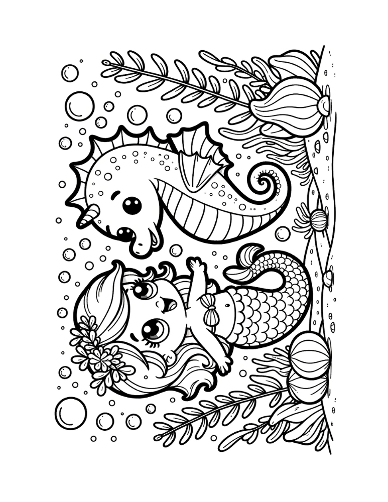 seahorse coloring page, PDF, instant download, kids