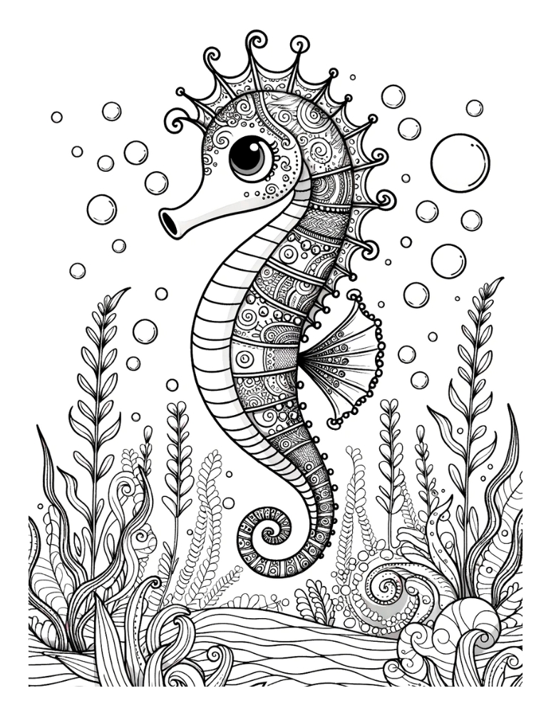 seahorse coloring page, PDF, instant download, kids