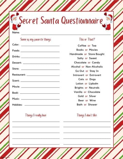 6 Free Printable Secret Santa Questionnaires