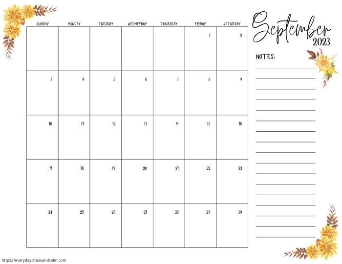 printable September 2023 calendar- sunday start