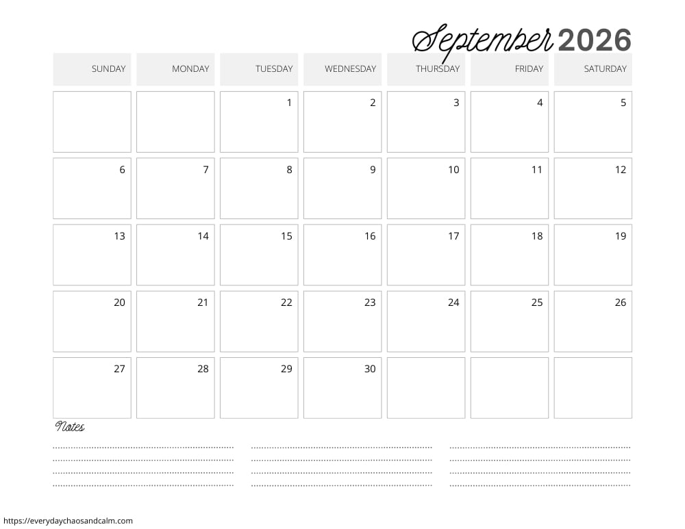 printable September 2026 calendar- sunday start