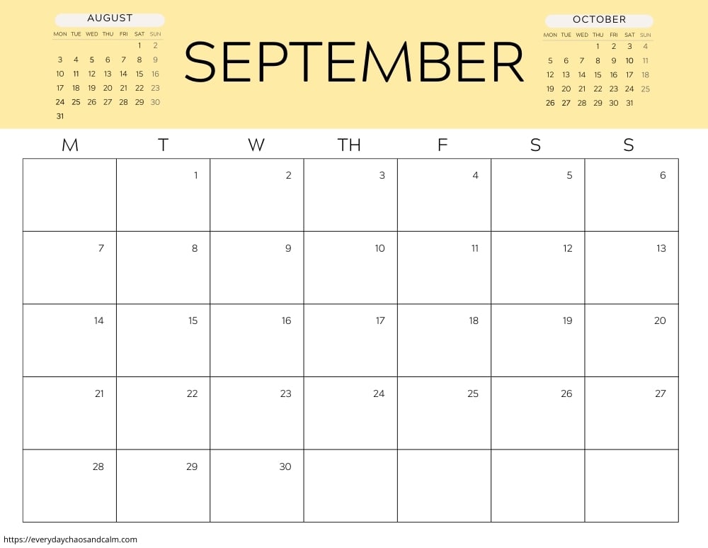 printable September 2026 calendar- monday start