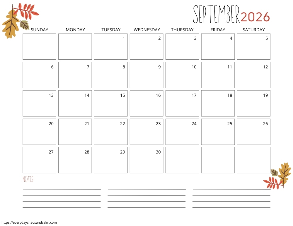 printable September 2026 calendar- sunday start