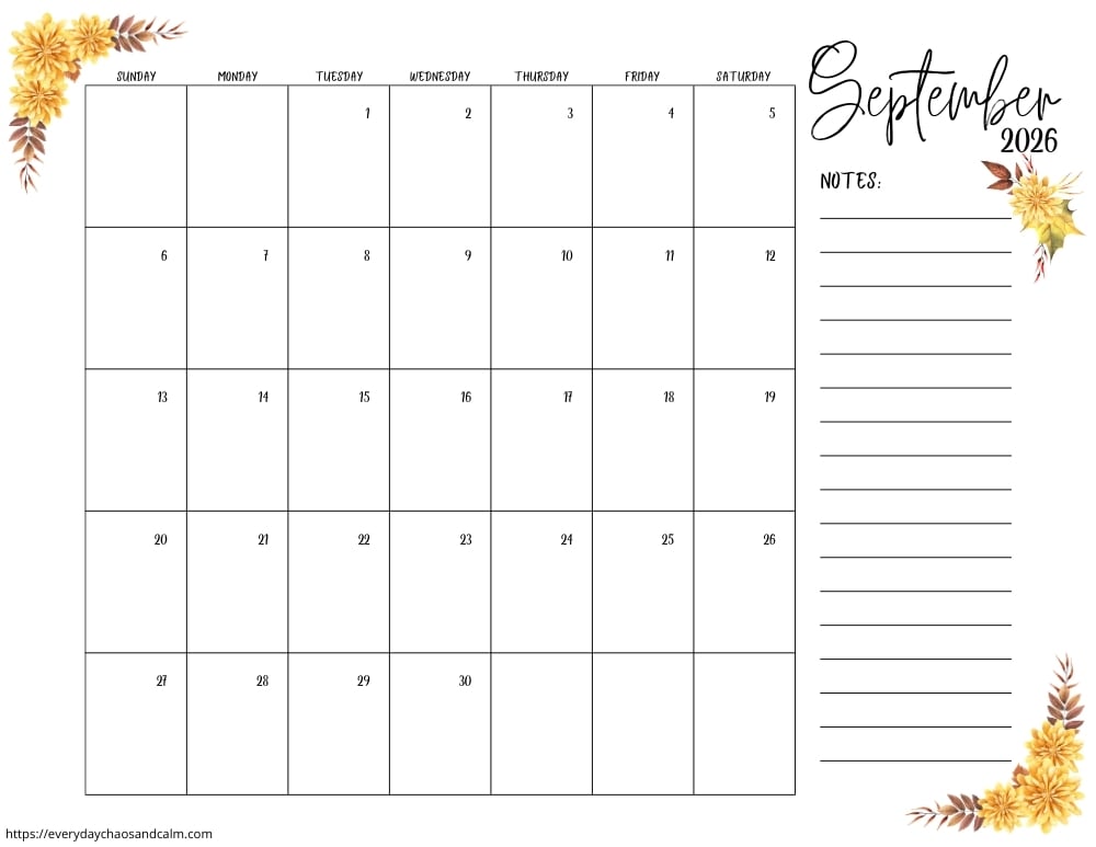 printable September 2026 calendar- sunday start