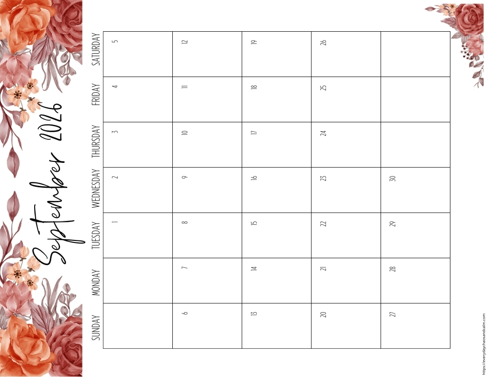 vertical printable September 2026 calendar- sunday start