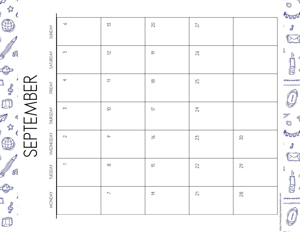 vertical printable September 2026 calendar- monday start