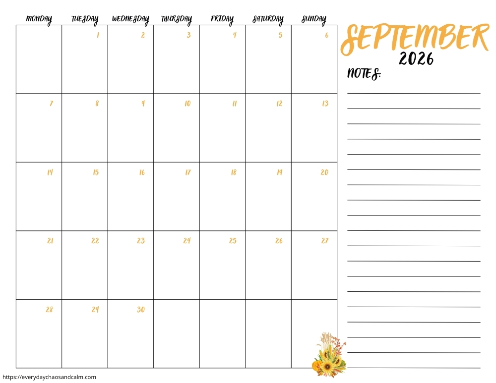 printable September 2026 calendar- monday start