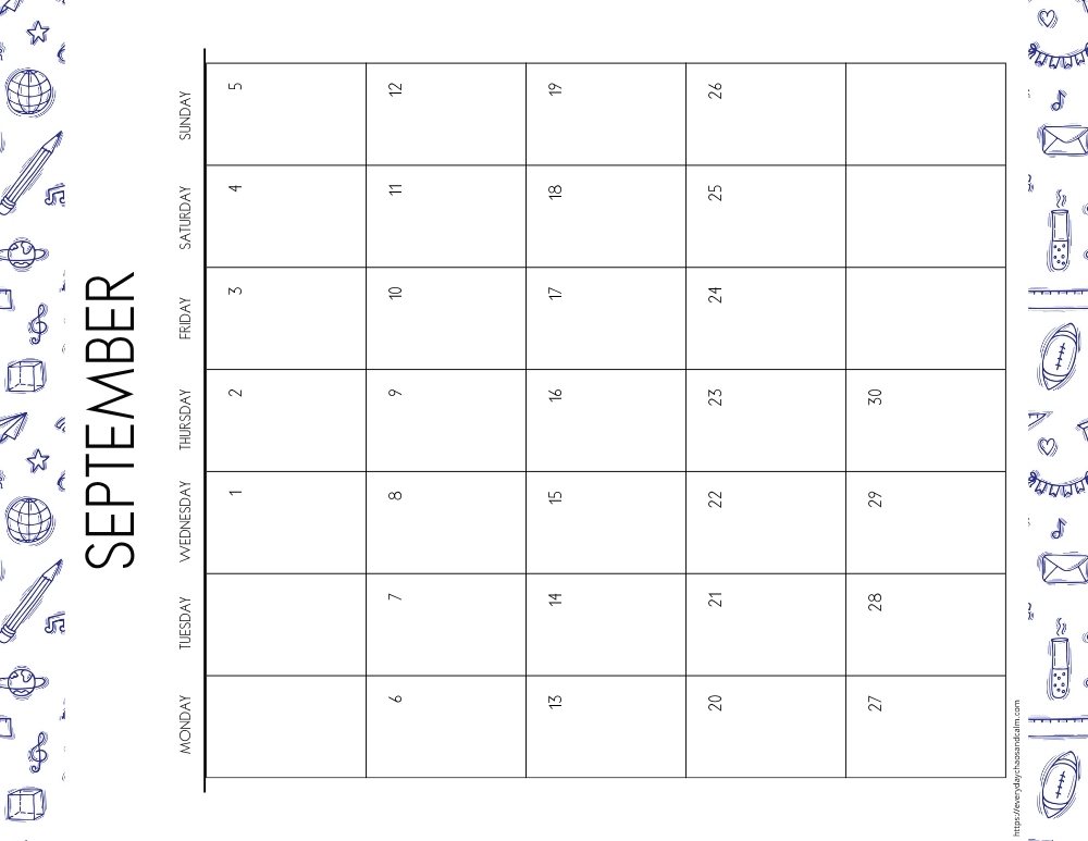 vertical printable September 2027 calendar- monday start